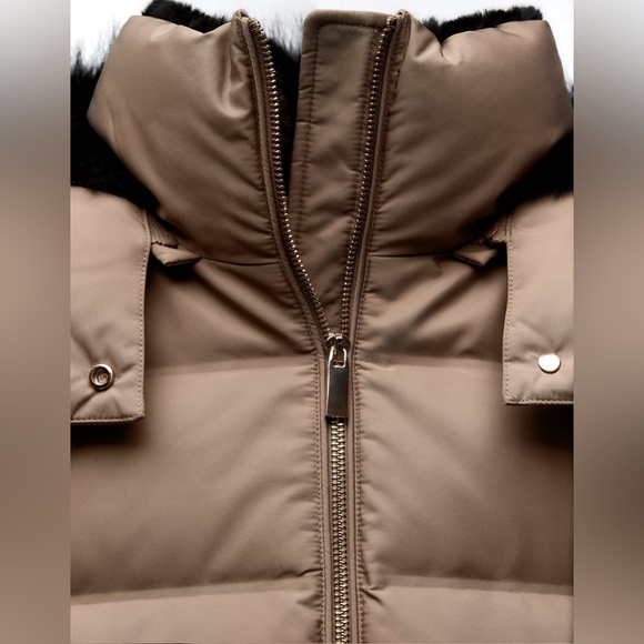 Zara KHAKI LONGLINE HOODED QUILTED JACKET - Picture 15 of 16